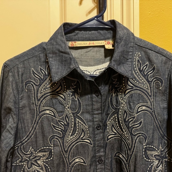 Chelsea & Violet Blue Denim Western Stitched Embroidered Dress Sz S - Picture 2 of 11